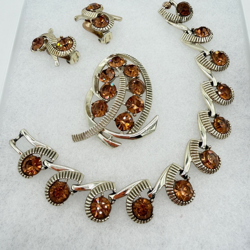 KRAMER Bronze Rhinestone Bracelet, Brooch and Clip Earrings Set